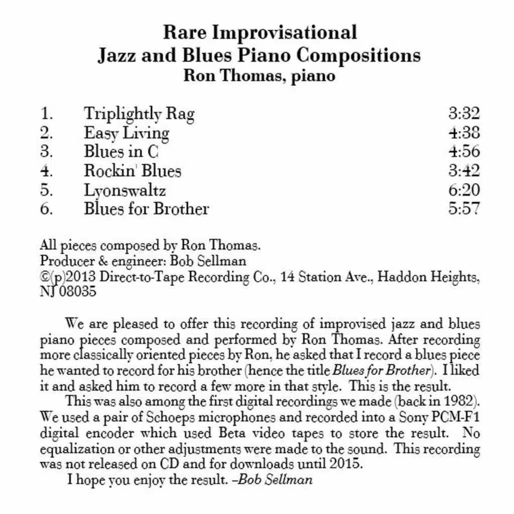 Rare Improvisational Jazz and Blues Piano Compositions