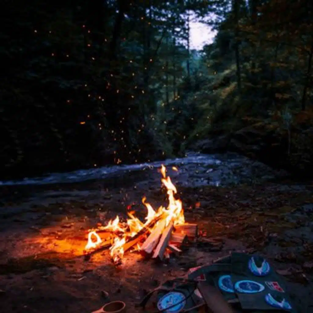 Camping by the River: Crackling fire and river sounds