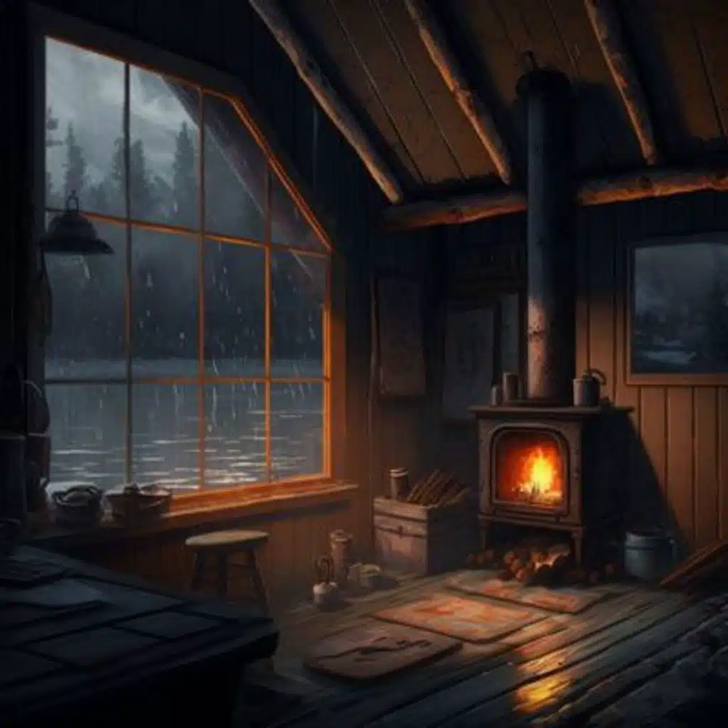 Cozy Cabin on a Stormy Night | Crackling Fire, Thunder and Rain Sounds