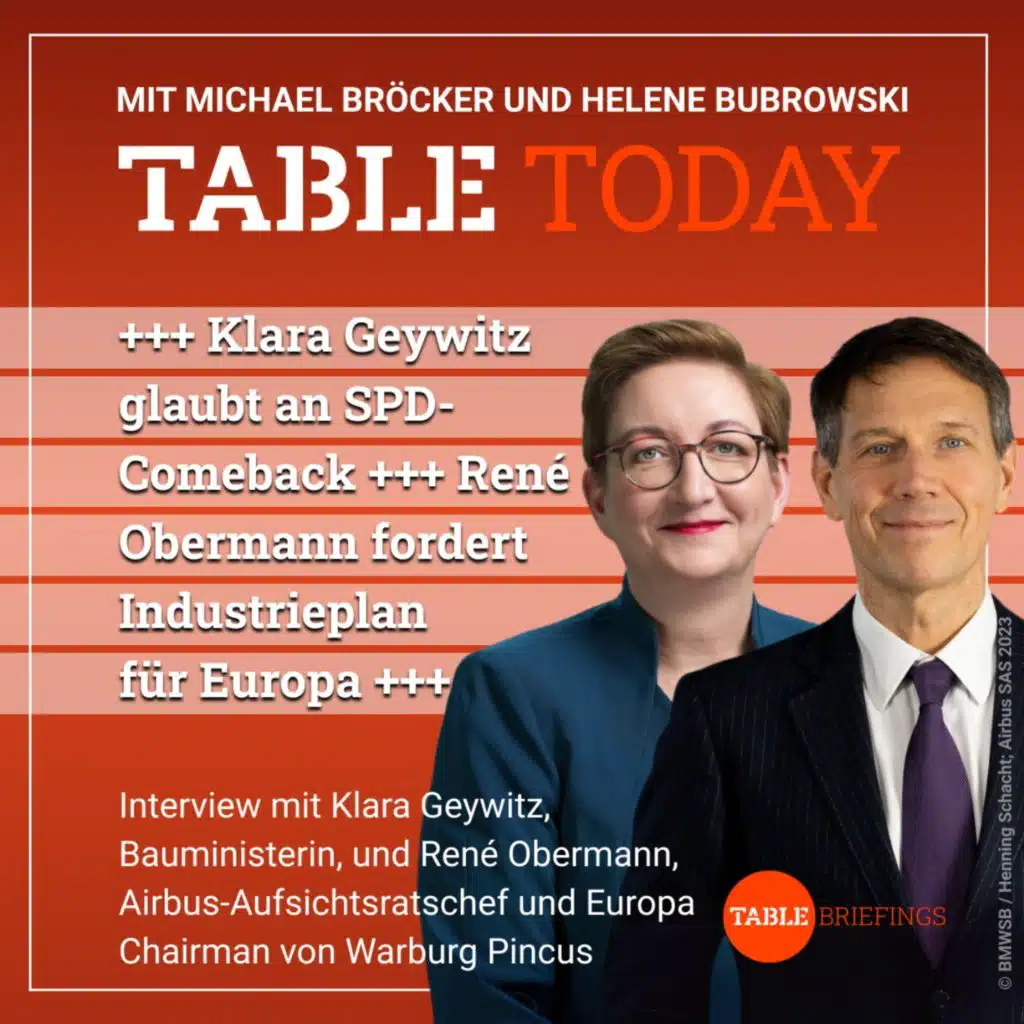 + Klara Geywitz glaubt an SPD-Comeback + René Obermann fordert Industrieplan für Europa +