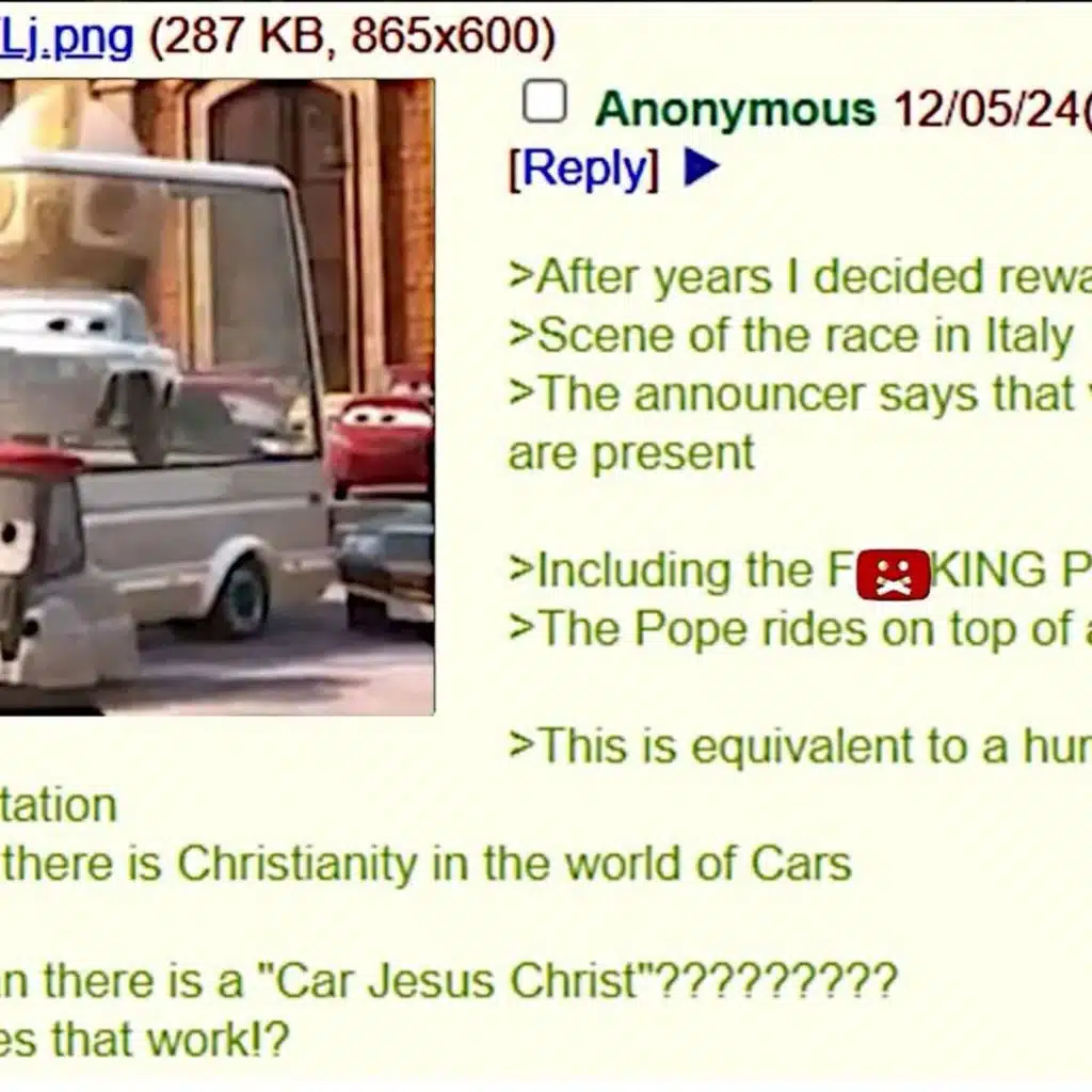 4chan Greentext Posts : Neckbeard Discovers Christianity in Cars 2