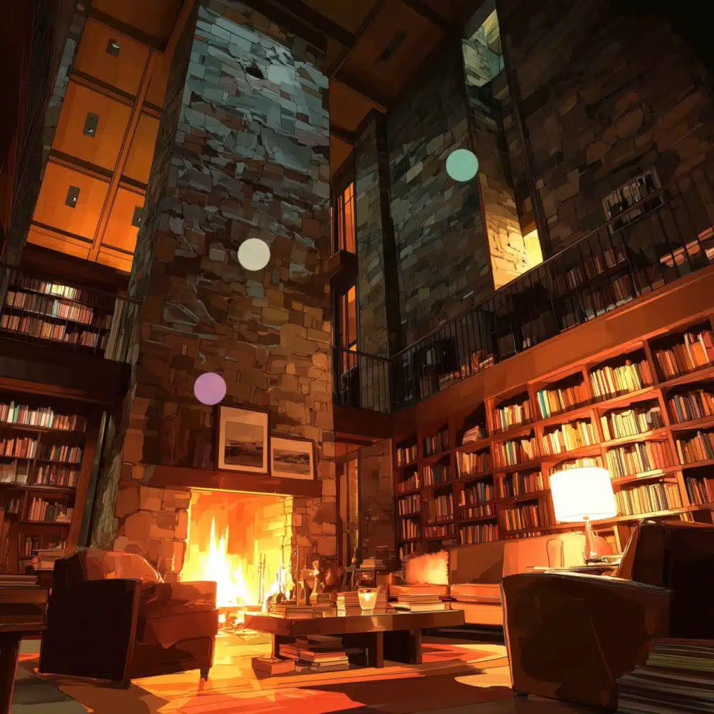 صوت النار المشتعلة في مكتبة القلعة الدافئة
