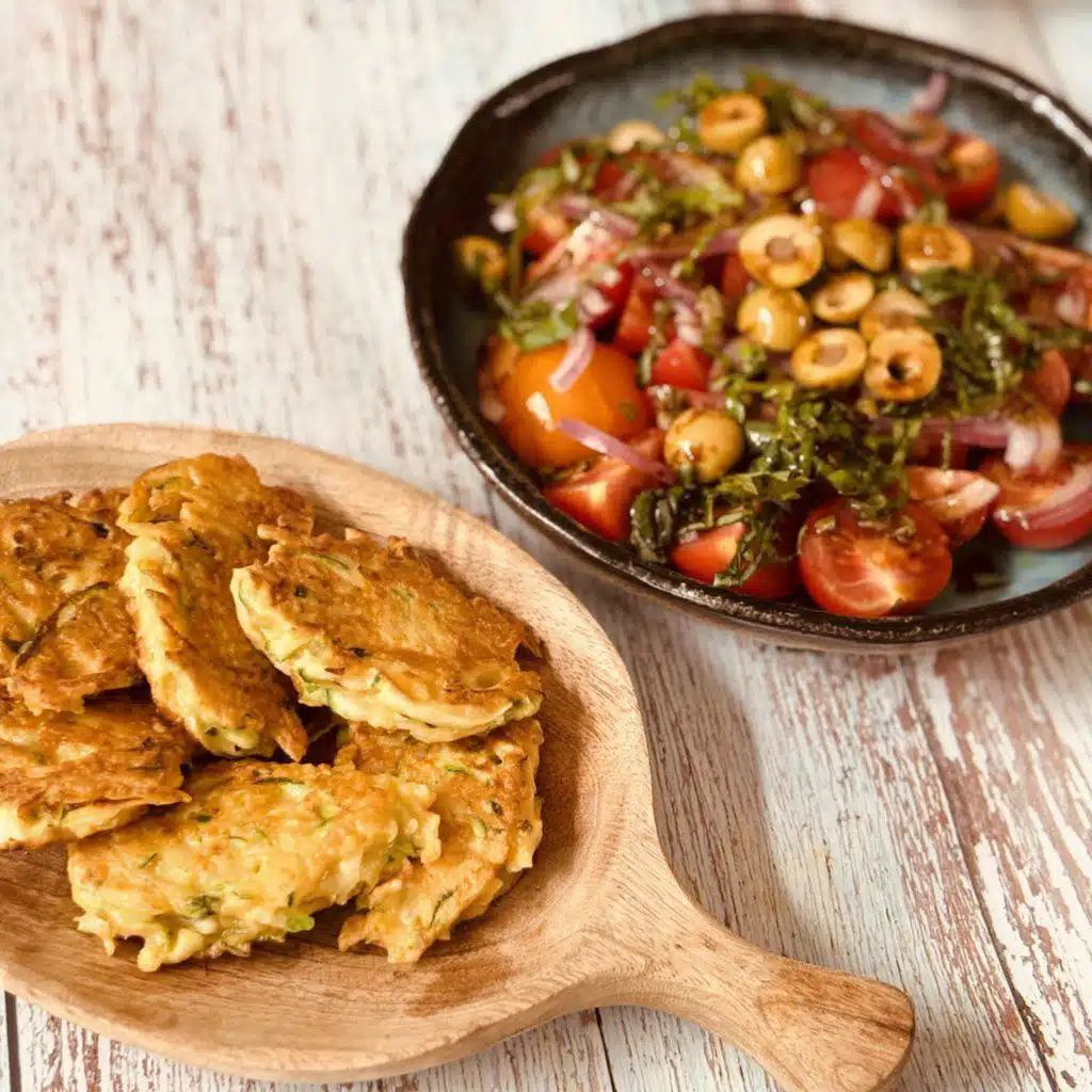 Courgette Fritters with Tomato Salad