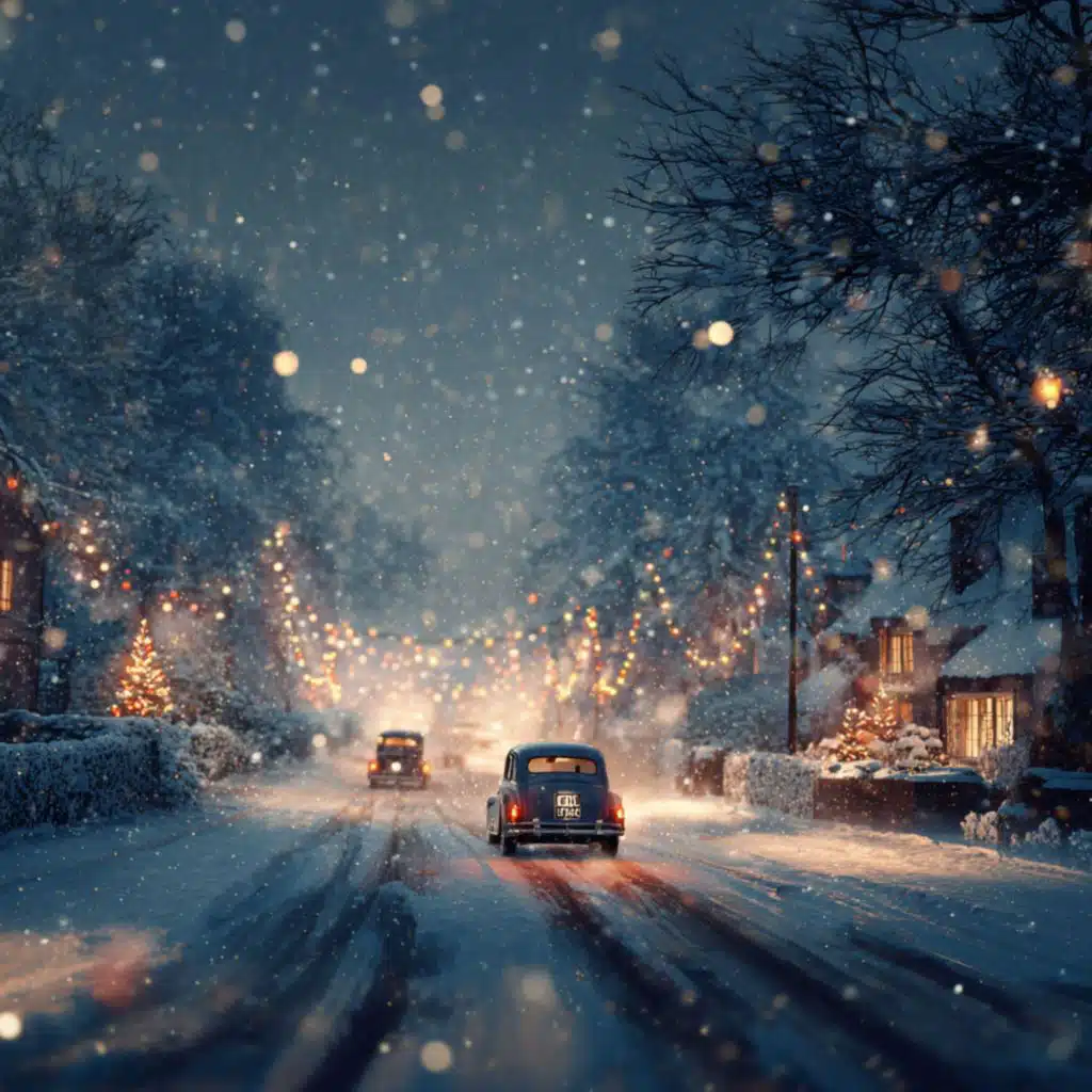 Cars Driving Through the Snow at Christmas