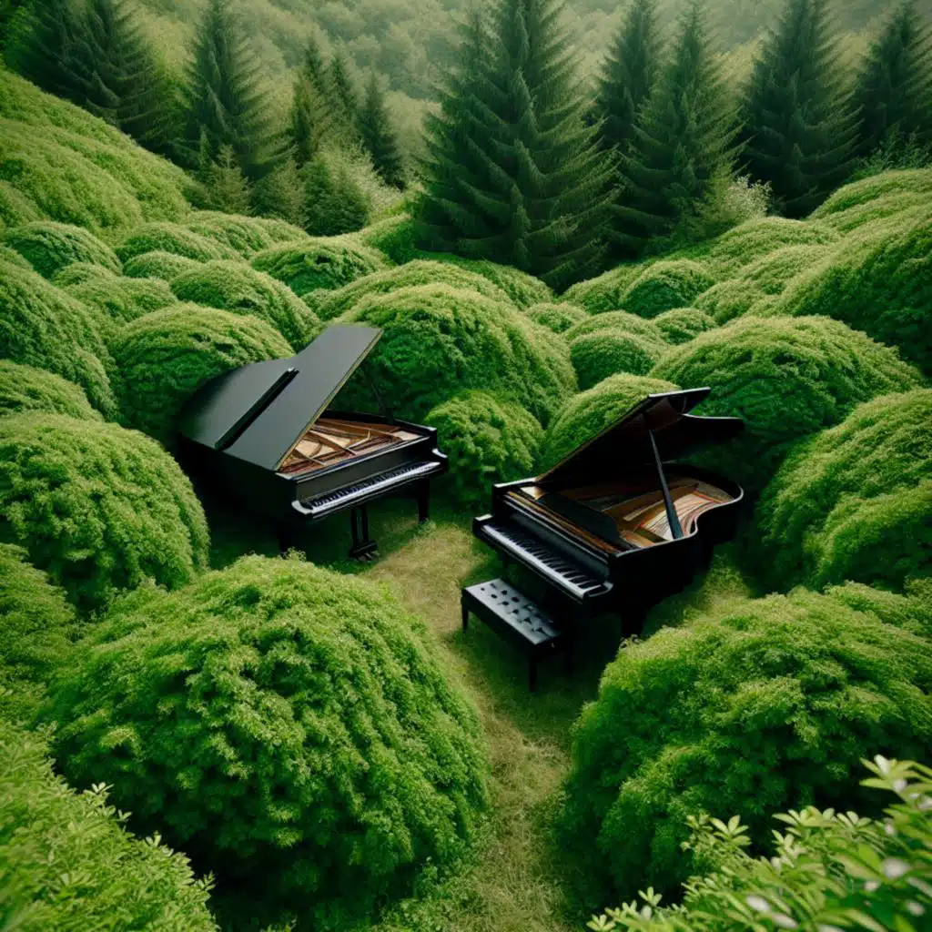 Two pianos in the bushes