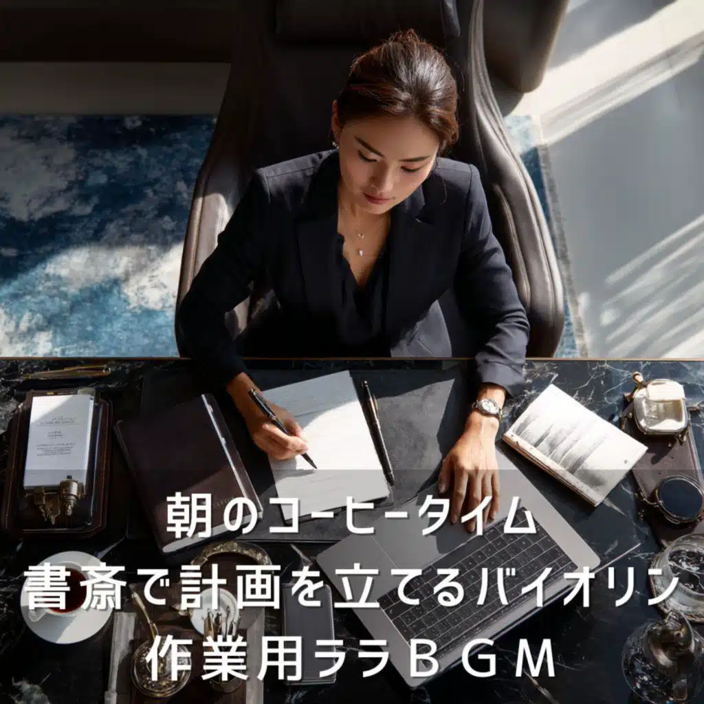 朝のコーヒータイム 書斎で計画を立てるバイオリン