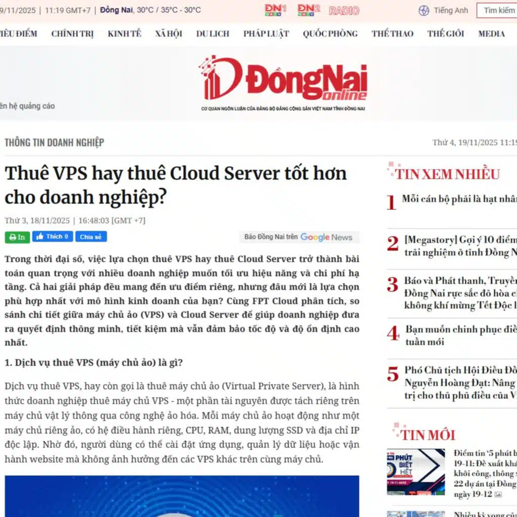 [Báo Đồng Nai] – Thuê máy chủ VPS hay thuê Cloud Server tốt hơn cho các tổ chức, doanh nghiệp?