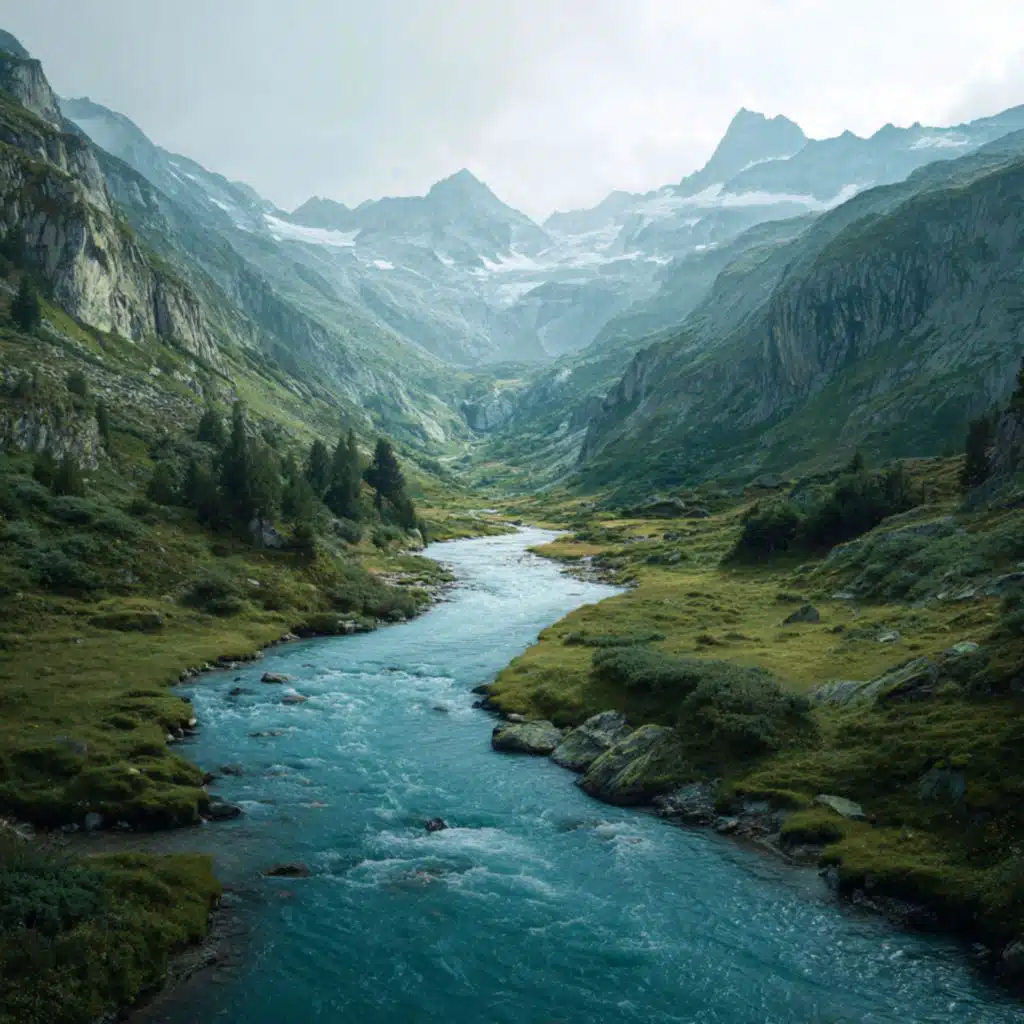 River Flowing Through Swiss Mountains
