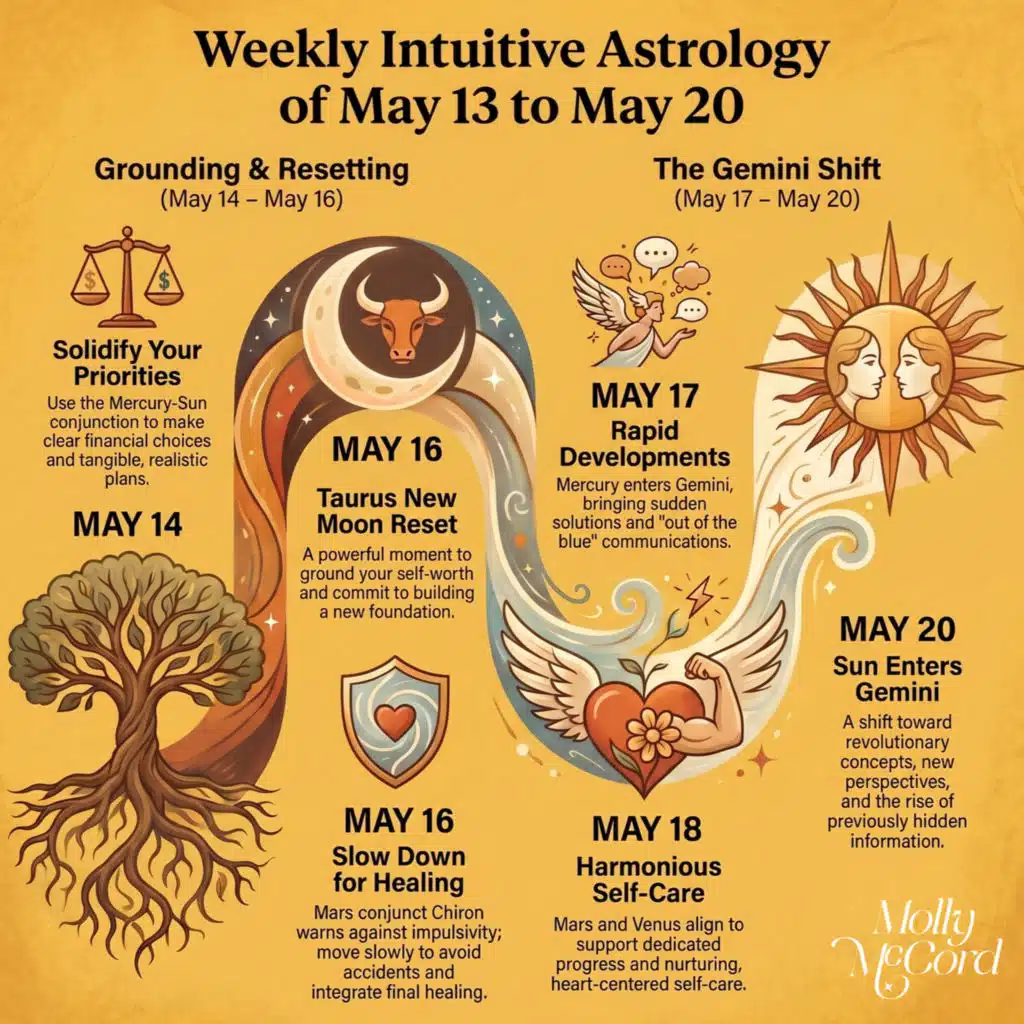 Weekly Intuitive Astrology May 13 to 20 ~ Taurus New Moon, Mars conj Chiron, Mercury in Gemini, Venus in Cancer