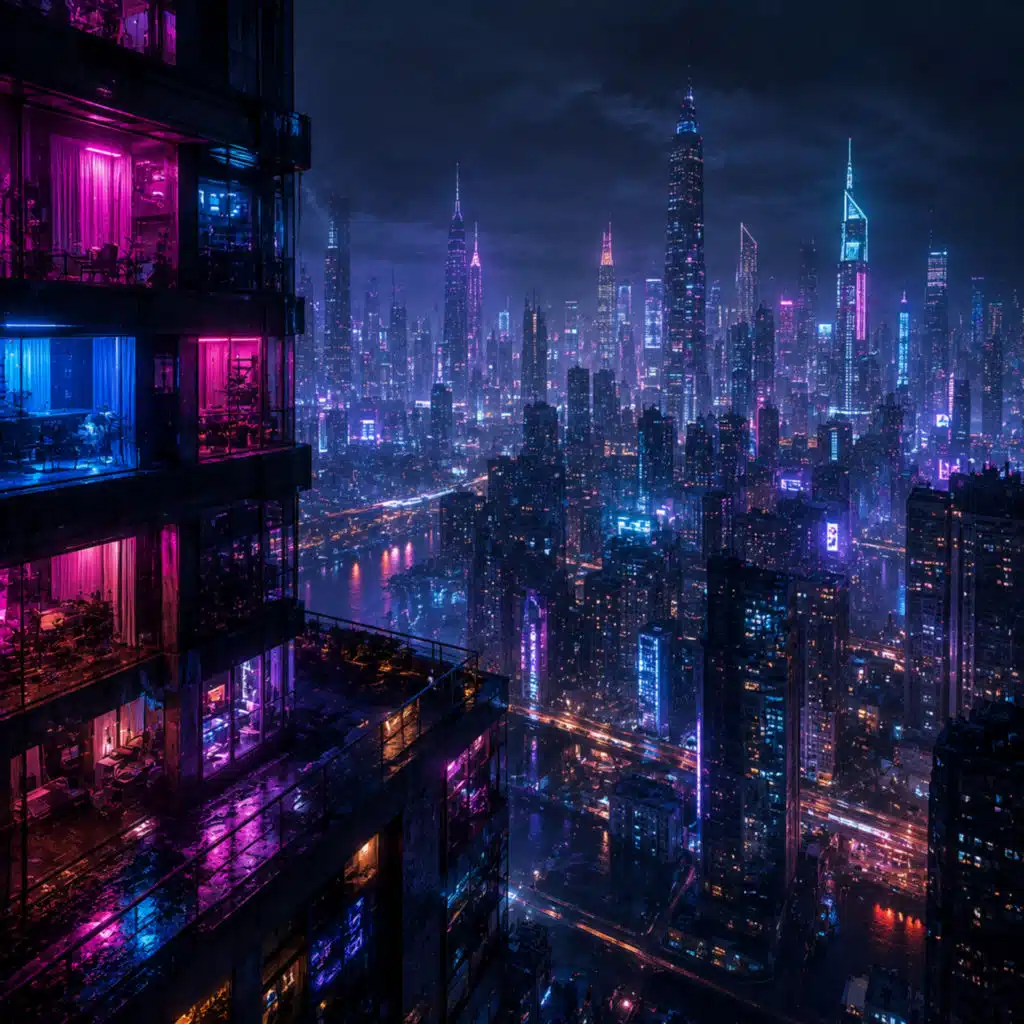 Neon Cabinets Across Silent Megacity