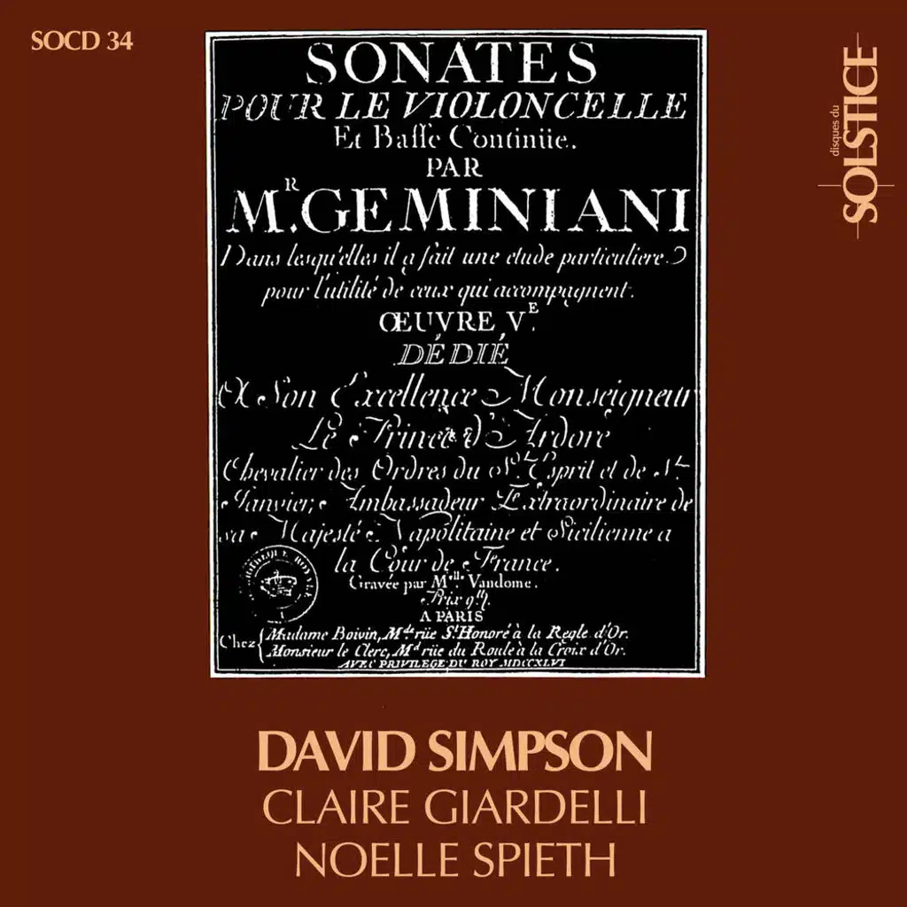 Geminiani - Les 6 Sonates op. 15 pour violoncelle et continuo